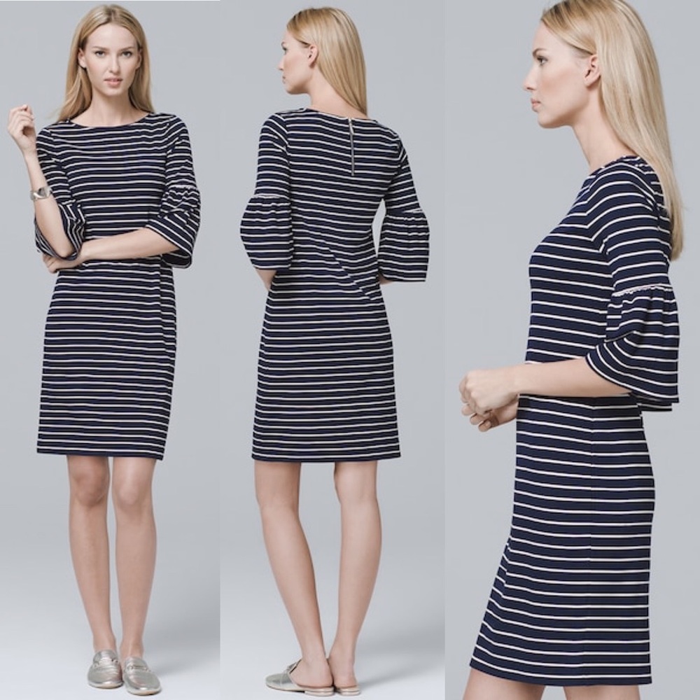 WHBM 3/4 Bell Sleeve Stripe Knit Shift Mini Dress